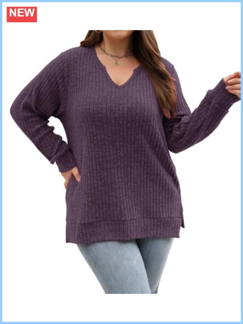 Women's Plus Size Long Sleeve V-Neck Tunic Sweater Loose Fit Knit Top